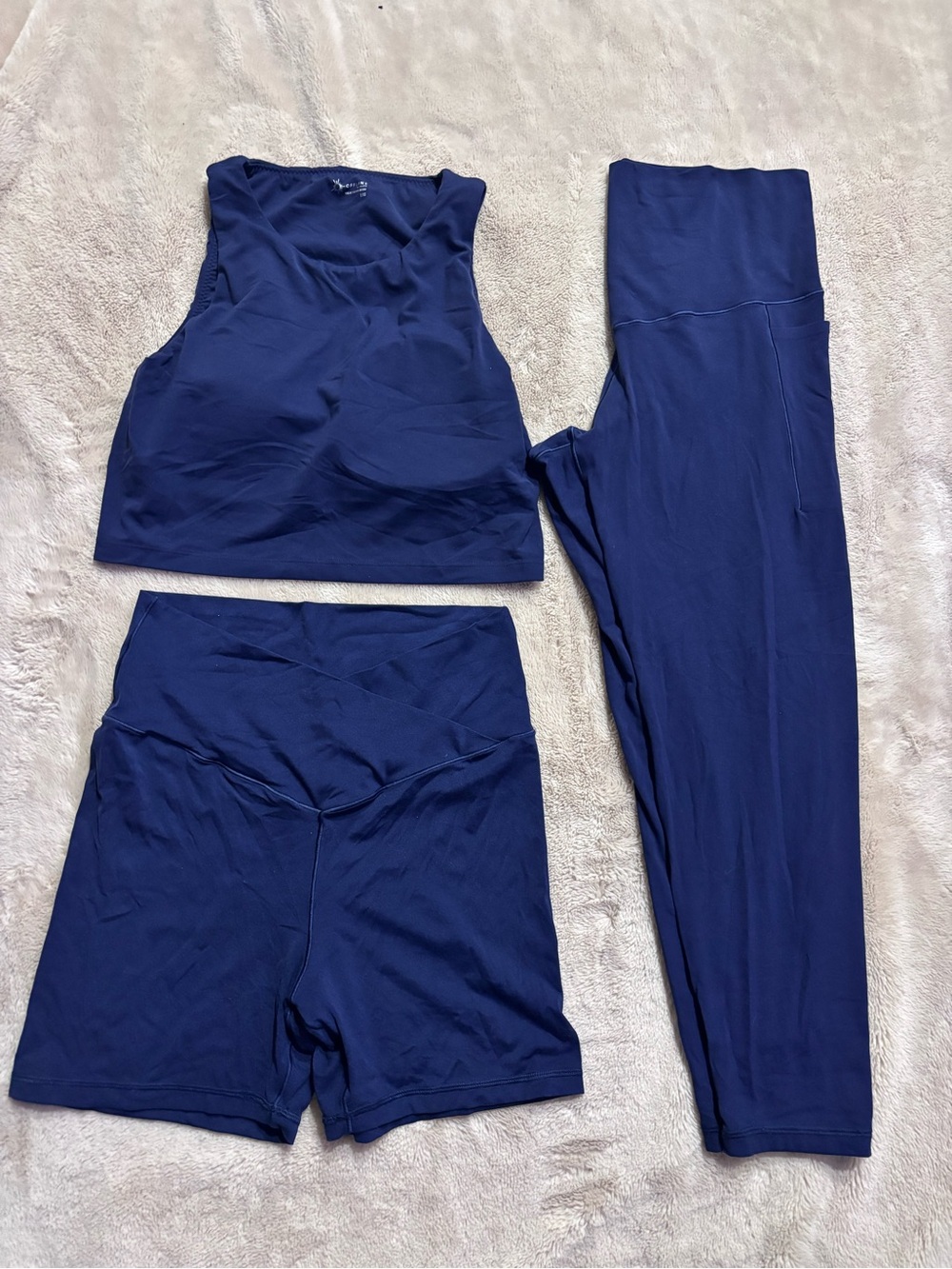 aerie Navy 3-Piece Active Set: High-Waist Leggings, Shorts & Crop Tank